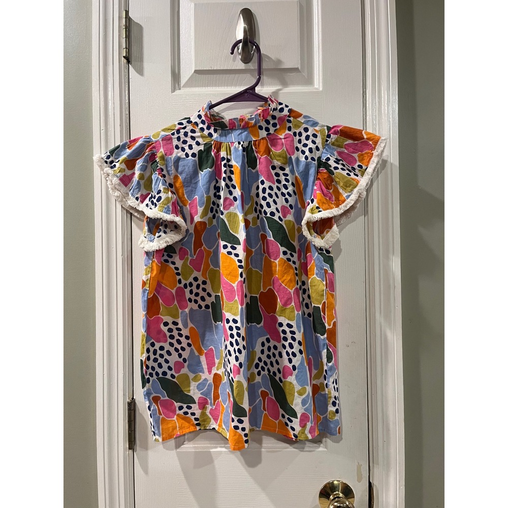 THML Abstract Print Flutter Sleeve Mock Neck Top Multi Color XS/S